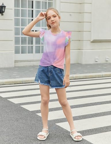 Image of Arshiner Girls Shirt - Short-Sleeve Twist Front T-Shirt for Girls with Cute Flying Sleeves - Summer Blouse Tunic Tee Tops