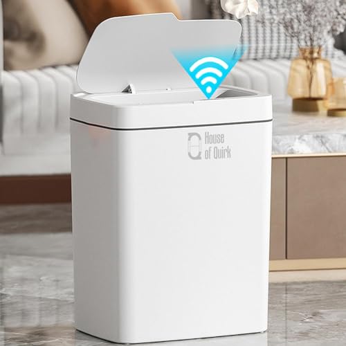 Image of House of Quirk Plastic Automatic Bathroom Trash Can With Motion Sensor, Smart Garbage Bin With Lid, Slim Touchless Kitchen Waste Basket (15 Litre, White)