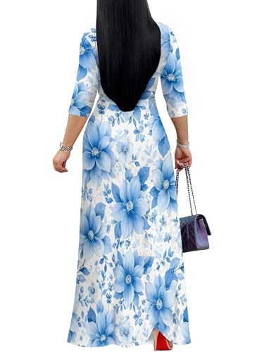 Image of Women Plus Size Long Sleeve V Neck Maxi Dress with Belt | Soft fabric relaxed fit three quarter sleeve v neck with pockets for party and daily wear