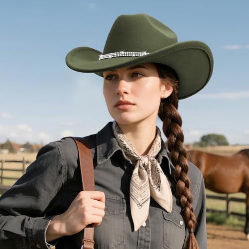 Image of DRESHOW Glitter Cowboy Hat Classic Western Rhinestone Cowgirl Hat Outdoor Wide Brim Retro Felt Fedora Hats Rolled up Caps