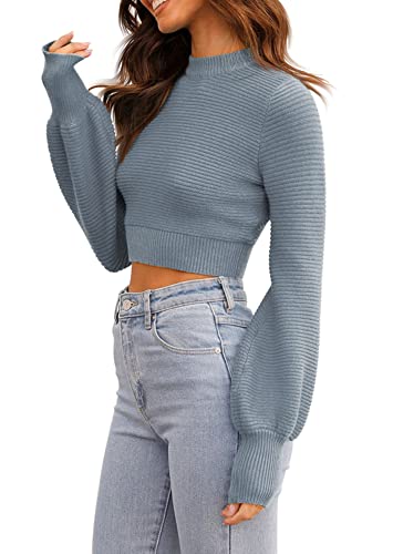 Image of Womens Sexy Crew Neck Cropped Sweaters Knit Long Sleeve Crop Tops Pullover | Ribbed Knit, Long Sleeve, Crop Tops, Pullover,Crew Neck