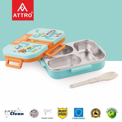 Image of ATTRO Tangy Bite Stainless Steel Lunch Box - 3 Compartment Bento Tiffin, Leak-Proof & Durable, Plastic Spoon, Ideal for Kids, School, Picnic- Orange Blue-600ml- Car Theme