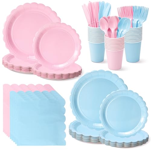 Vyntra 350 Pcs Pink and Blue for Gender Reveal Disposable Party Paper Plates and Napkins Set for 50 9 Dinner Plates & 7 Dessert Plates Tableware for Baby Shower Birthday