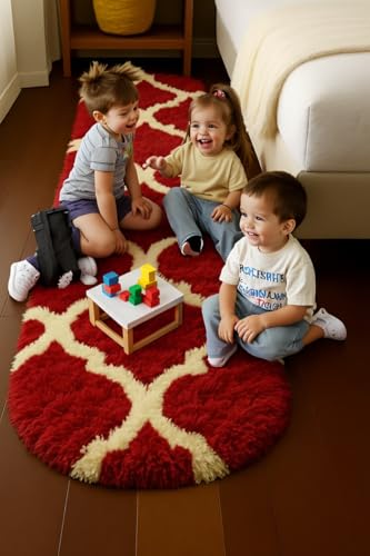 Image of Fluffy Silky Micro Fiber Polyster Carpet /Runner for Bedroom, Study Room, Playing Room, Guest Room ETC. 5x7 feet Feet, (Red and Ivory M II)