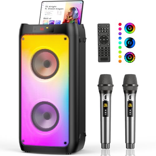 HWWR Machine Karaoke avec 2 Micro sans Fil et Télécommande, Enceinte Karaoké Bluetooth 5.3 avec Support Tablette et Lumière RVB, Système TWS PA 200W...