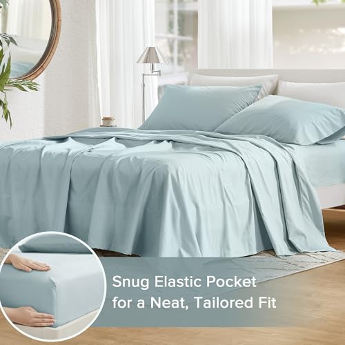 Comfort Spaces 100% Cotton Sheets Queen, Breathable, Soft Cotton Sheets, Naturally Cool Cotton Bed Sheets with 14" Elastic Pocket Fits up to 16" Mattress, All Season Sheet Set, Light Blue 4 Piece