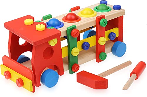 CHANNAPATNA TOYS Wooden Bus Toy – Wooden Hammer and Ball Toys, STEM Developmental Fun Learning Toy, Montessori Toys for 1 2 3 Year Old Boy & Girl, Best Toddler Gift (Red)