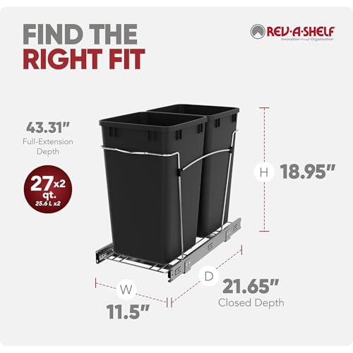 Image of Rev-A-Shelf Double Pullout Garbage Trash Cans for Kitchen Cabinets, 27 Qt