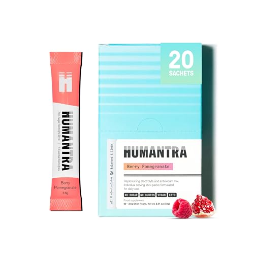Humantra Electrolytes Powder - Berry Pomegranate Flavor 20ct - Powdered Hydration Sachets - Plant-Based Electrolyte Powder with 6 Electrolytes - Vegan Sugar Free Gluten Free