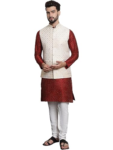 Image of Sojanya (Since 1958 Men'S Silk Blend Kurta Pyjama & Nehru Jacket Combo