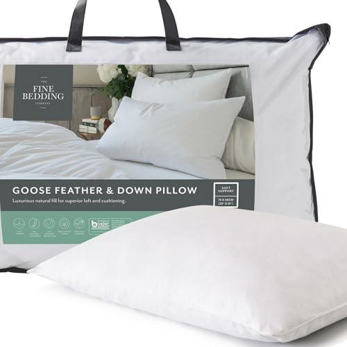 The Fine Bedding Company Goose Feather and Down Pillow – Ethically Sourced Sustainable Luxury Soft Pillow for Front and Back Sleepers, Machine Washable – Single (1 Pack)