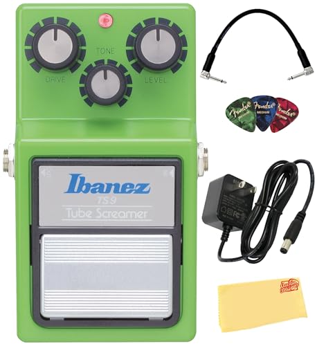 Ibanez TS9 Tube Screamer Overdrive Pedal Bundle with Power Supply Patch Cable Picks and Austin Bazaar Polishing Cloth