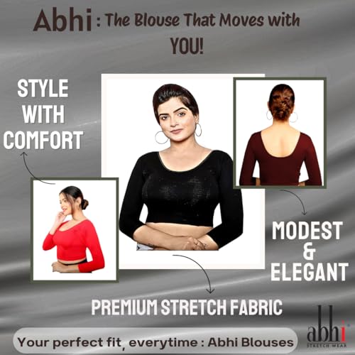 Image of Abhi Cotton Readymade Saree Blouse for Women- 3 /4 Sleeve, Round Neck, Regular-fit, Stretchable, Pull-on Style