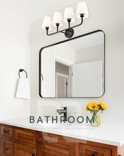 Image of Bathroom Light Fixtures, 4 Light Matte Black Vanity Lights with Flared White Fabric Shade, 28 Inch Wall Sconce, Modern Sconces Wall Lighting for Hallway Bedroom, VL837-MB-4