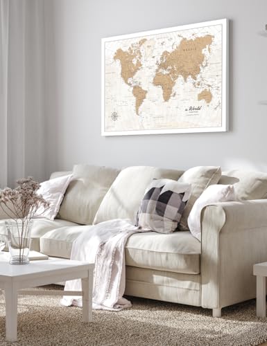 Image of IPIC - Vintage World Map Canvas Wall Art, Oversize Travel Map Print for Home, Office, or Study, Push Pin Wall Decor for Travel Lovers, Ready to Hang