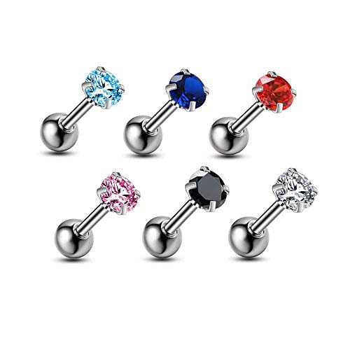 Gnoliew 16G Stud Earrings Stainless Steel Barbell Studs Barbell Cartilage Tragus Helix Piercing Jewelry (6PCS)