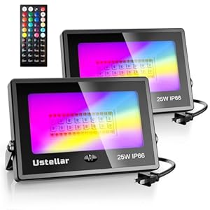 Ustellar 2 Pack ip66 25W RGB LED Flood Lights Color Changing 250W Equiv. Outdoor Colored Floodlight Warm White 2700K Remote Waterproof Spot Light Outside for Halloween Party Landscape Stage