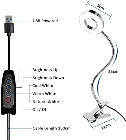 USB Clip On Headboard Lamp for Reading, 48 LEDs, 3 Colour Changing & 10 Brightness, Clamp Bedside Lamp for Bed Kids, LED Tattoo Lamp, Flexible Desk Lamp for Eyelash Extensions (Silver)