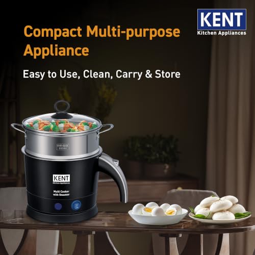 Image of KENT Electric Multicooker /Kettle with Steamer 1.2L 800W | Boiling of Water, Tea,Eggs, Instant Noodle Maker, Steaming idlis, Momos & Vegetables | Inner Stainless Steel & Cool Touch Outer Body | Black