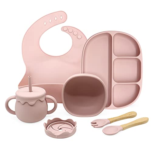 Baby Led Weaning Utensils, Divided Plate Suction Bowl, Spoon, Fork, Bib, Bowl, Sippy Cup, Snack Cup - Silicone Baby Feeding Set(Light pink)