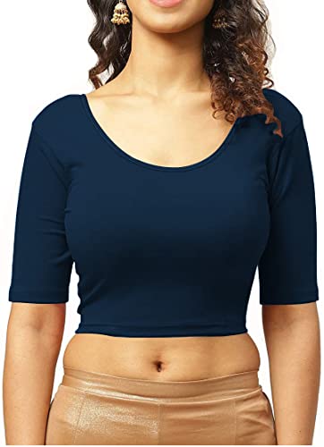 Image of THE BLAZZE 1303 Women's Cotton Scoop Neck Backless Elbow Sleeve Crop Top Readymade Saree Blouse for Women