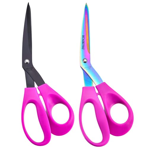 SCAIKTIG 8.5“ Bent Fabric Scissors All Purpose Sharp Heavy Duty, Bent Shears for Sewing Crafting Cutting Clothes, Felt, Leather, Paper Supplies, Pink Handle, Titanium Coating Blades, 2-Pack