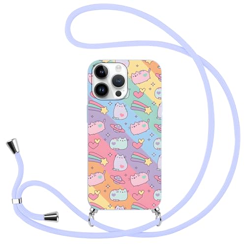 Funda con Cuerda para Samsung Galaxy A14 5G 6.6',TPU Silicona Carcasa con Kawaii Anime Pusheen Lindo Gato Dibujos Animados Manga Diseño, Ajustable Collar Colgar de Cuello Cadena Case Cover,Funny