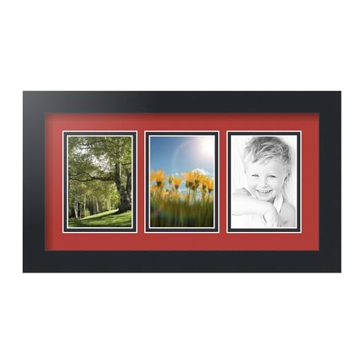 ArtToFrames Collage Picture Frame 3 Opening 3-3.5x5 Photo Frame | Made in USA | Black Frame Deep Red and Black Mats | Wall Mount Multi Photo Display 17.5X10 Full Size