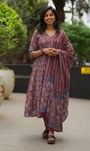 Image of Nermosa Women Printed Cotton Anarkali Kurta and Pant with Dupatta | Printed Kurta Set | Cotton Kurta Set | Summer Office Wear |