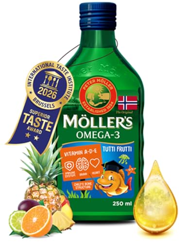 Mollers | Omega 3 for kids Cod Liver Oil | Nordic Omega-3 Dietary Supplements with EPA DHA Vitamin A D & E | Pure Natural cod Liver Oil Liquid | 166-year-old-brand | Tutti Frutti Taste | 250 ml