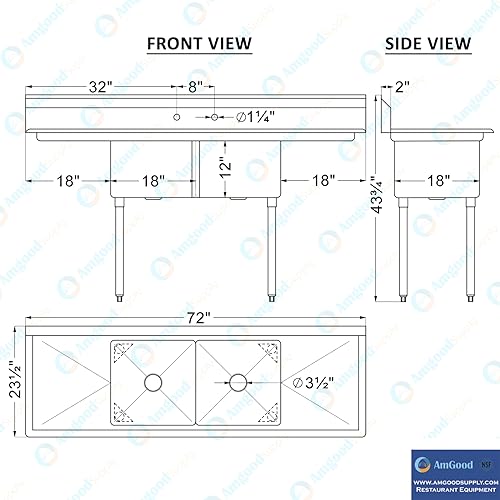 Image of AmGood Stainless Steel Prep & Utility Sink | 304 Stainless Steel | Restaurant, Kitchen, Laundry, Garage | NSF (23 in. x 72 in. | Two Bowls | 2 Drainboards)