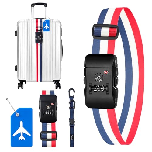 Image of Luggage Straps Set TSA Approved,Adjustable Bag Strap with Hook,Luggage Card,Luggage Strap TSA Locks for Travel Luggage Accessories(Blue&Red&White)