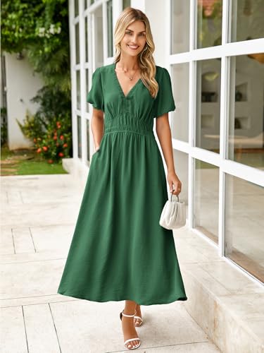 Image of Simplee Women's Summer Flowy Midi Dress Casual V Neck Short Sleeve Empire Waist Boho Beach Dress Wedding Guest Maxi Dress
