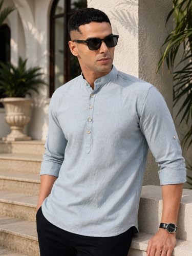 Image of Majestic Man Men's Pure Cotton Solid Mandarin Collar Slim Fit Roll-Up Sleeves Short Kurta Lightweight Summer Kurta for Daily & Occasion Use