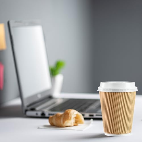 Comfy Package Gusto [12 Oz. - 350 Ml - 50 Sets] Insulated Kraft Ripple Paper Hot Cups, Disposable Coffee Cups With Lids - Ideal For Hot Beverages, Travel, And Office Use - Formerly - 2