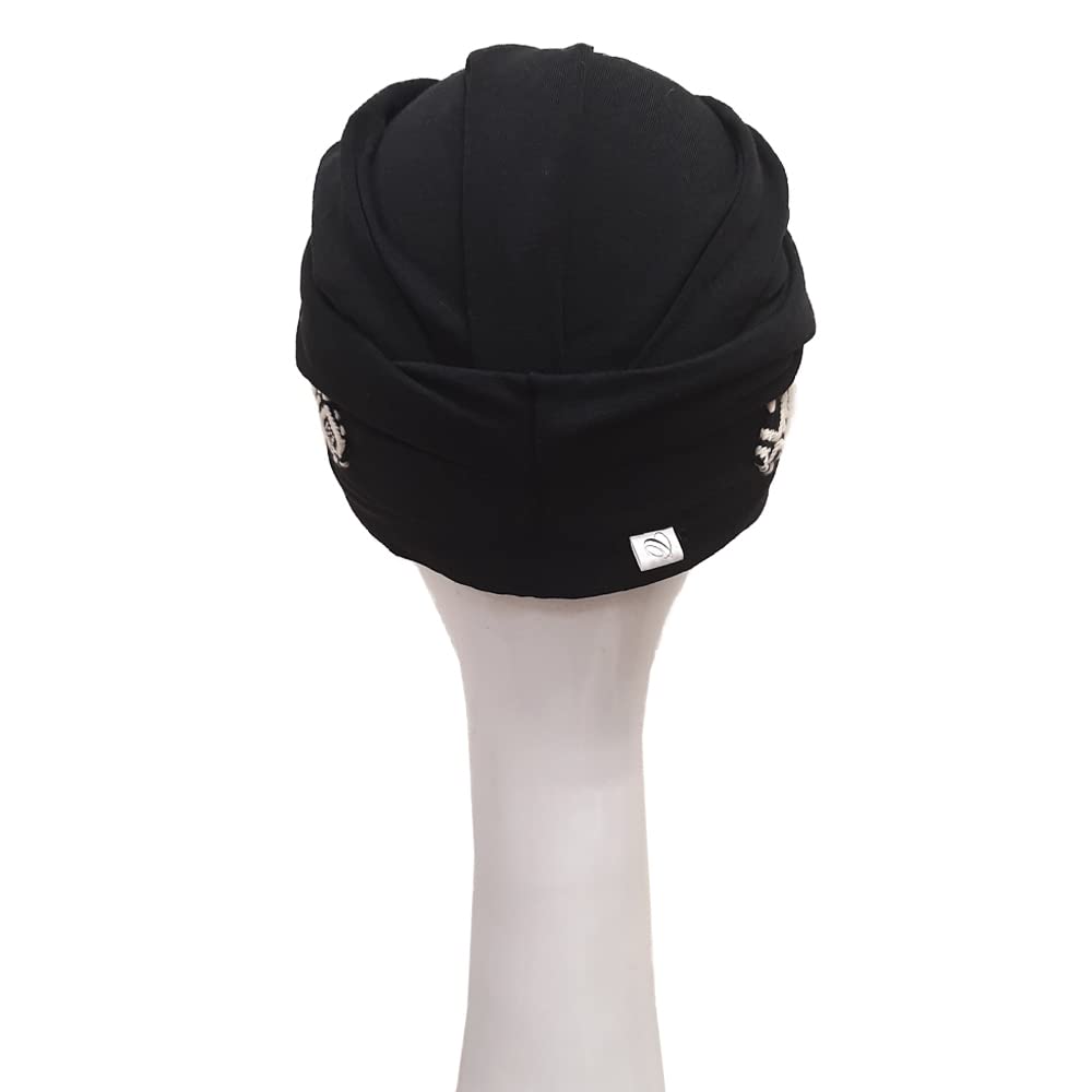 CAREBELL Turbante oncológico Modelo Confort – diseño Ikat Negro en bambú Suave y Transpirable, Especial para quimioterapia, Alopecia y Pieles sensibles, producido en España