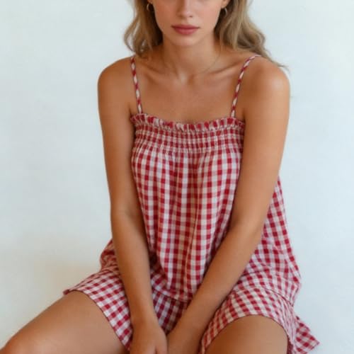 Image of Yuemengxuan Women 2 Piece Casual Lounge Set Sleeveless Strappy Tie Back Cami Top Wide Leg Shorts 2Pcs Summer Pj Set Beachwear