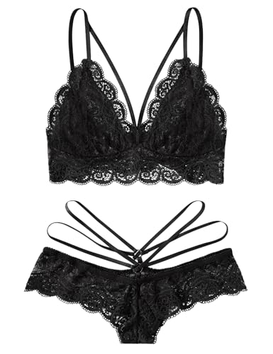 Niwicee Damen Dessous Set Sexy Babydoll Spitze Unterwäsche Set Lingerie BH Und Slip Frauen V-Ausschnitt Reizwäsche Nachtwäsche Outfit(Schwarz,L)