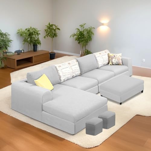 Image of Koza LHS 8 Seater L Shape Sofa Set with Center Table for Living Room (Grey Fabric) Premium Fabric Sofa