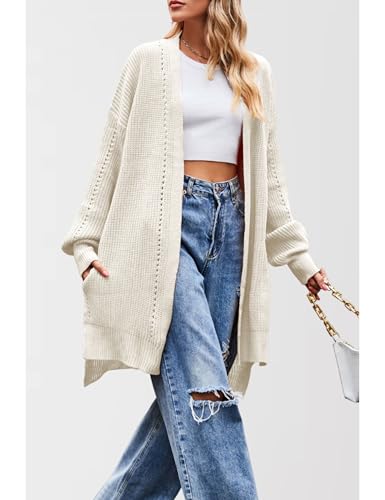 Image of Antnation Women's Oversized Open Front Cardigan Lightweight Long Sleeve Knit Sweater with Pockets(White-S)