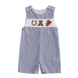 Yxniwxe Newborn Baby Boy Girl Easter Outfit Farm Animals Embroidery Sleeveless Plaid Romper Bunny Smocked Bodysuit Jumpsuit (Blue-cowhat, 0-3 Months)