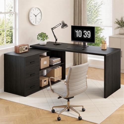 Image of HSH 60 inch Rustic L Shaped Computer Corner Desk with 3 Storage Drawers