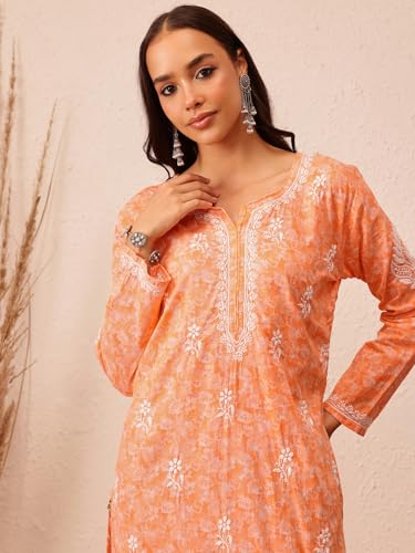 Image of Ada Women's Cotton Straight Fit Straight Hand Embroidered Lucknowi Chikankari Kurta Kurti A411378