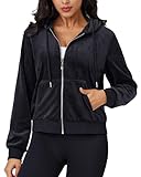 MAGCOMSEN Women's Velour Crop Hoodie Long Sleeve Zip Up Tops Soft Casual Velvet Jacket with Pockets Black L