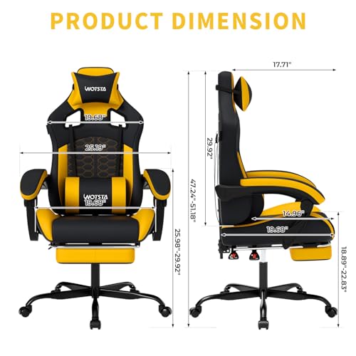 Image of Gaming Chair with Massage,Ergonomic PC Gaming Chair with Footrest Comfortable Headrest and Lumbar Support,High Back Game Chair PVC Leather,300LBS (BlackYellow)
