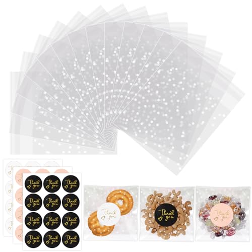 Bomtop 100 Pièces Sachets Bonbons Transparents, Sac Cellophane Plastique OPP Pochette avec 108 Étiquettes Thank You, Sacs à Biscuits Autocollants pour...