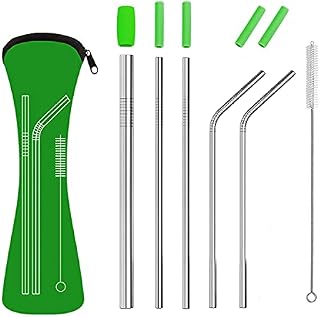 Reusable Metal Drinking Straws Set, Food Grade 304 Stainless Steel Straws with Soft Silicone Tips for Smoothie and Hot/Cold Drinks, Storage Pouch and Cleaning Brush Include