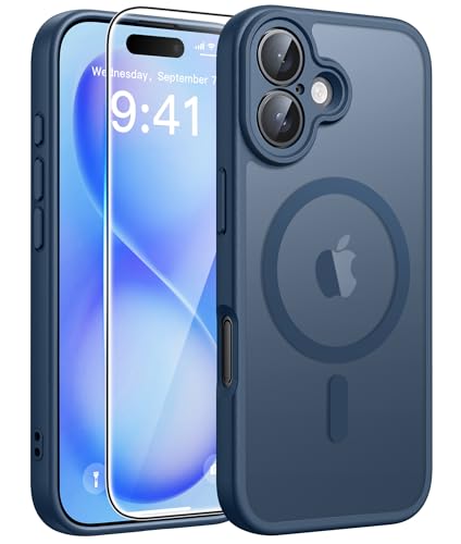 Image of FNTCASE for iPhone 16 Plus Case [Compatible with Magsafe] Translucent Matte Cases with [Screen Protector] Military Grade Shockproof Protective Phone Cover - Blue