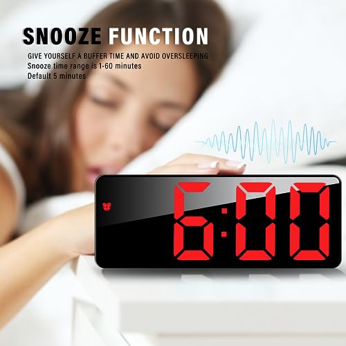 Image of JQGO Digital Alarm Clock, LED Digital Alarm Clock, Mirror, Table Clock, USB Cable, Slim Alarm Clock, 12 /24 Hours, Snooze, Voice Control, Temperature Display, Brightness Adjustable, Bedroom, Red
