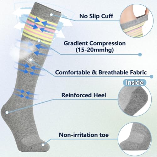 Image of +MD Cotton Compression Socks for Women & Men 4 /6 Pairs 15-20mmHg Knee High for Sports, Travel, Nursing Long Sitting Standing